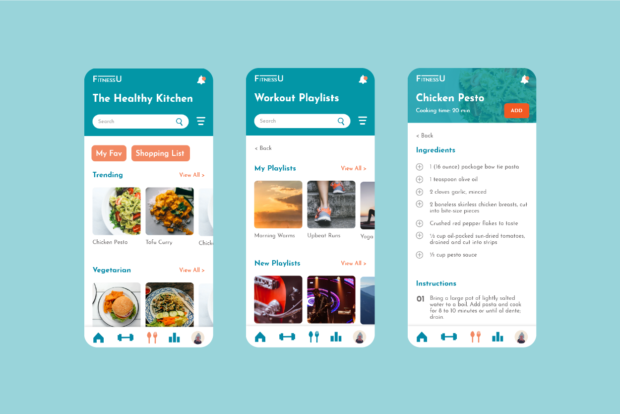 Screens showing other features of the app such as recipes, music playlists and help centre
